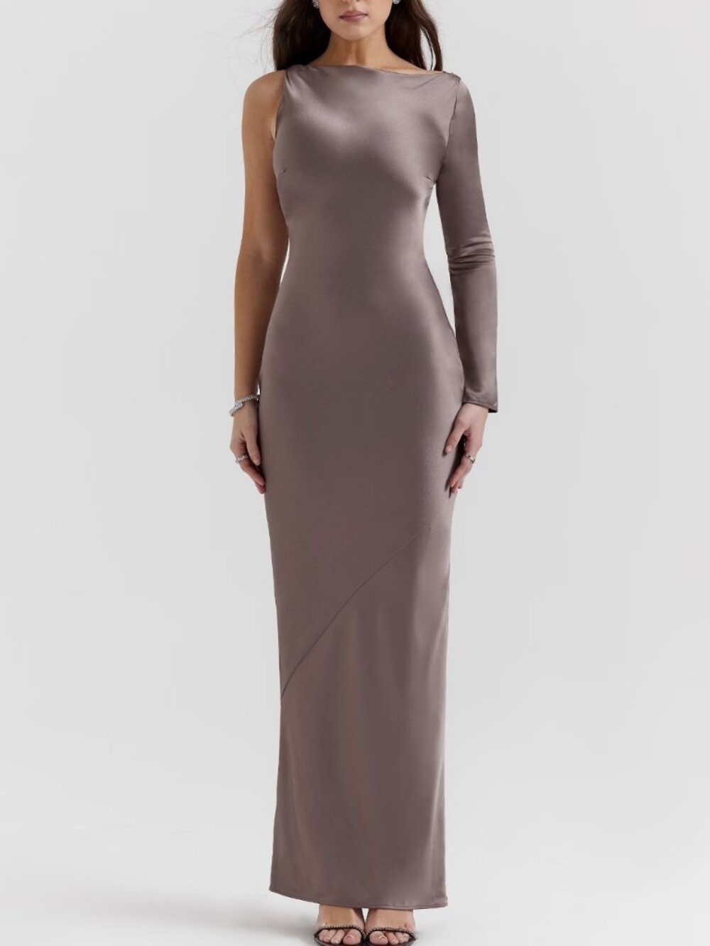 House of CB 'Catiana' Pebble Grey Satin Maxi Dress Size S NWT